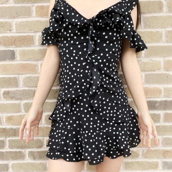 Black polka dot mini ruffle dress off shoulder XS - Picture 8 of 8